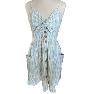 Roxy Womens Blue Green Striped Tie Front Button Mini Sundress XL Cotton Pockets